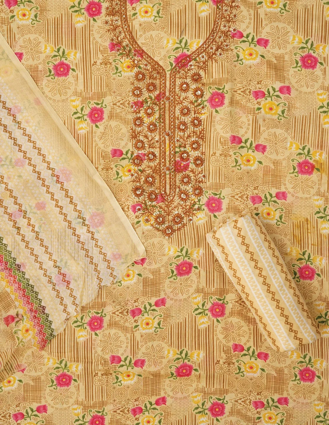 Sequin Embroidered Pure Cotton Floral Dress Material with Dupatta