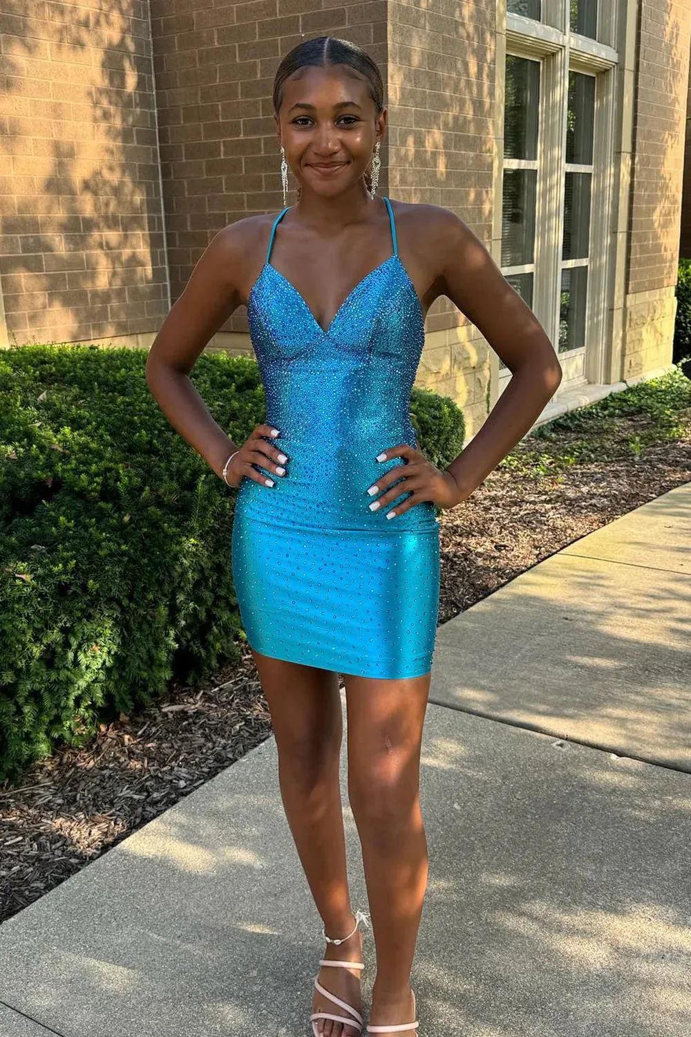 Serenella | Spaghetti Straps Beaded Lace Up Homecoming Dress