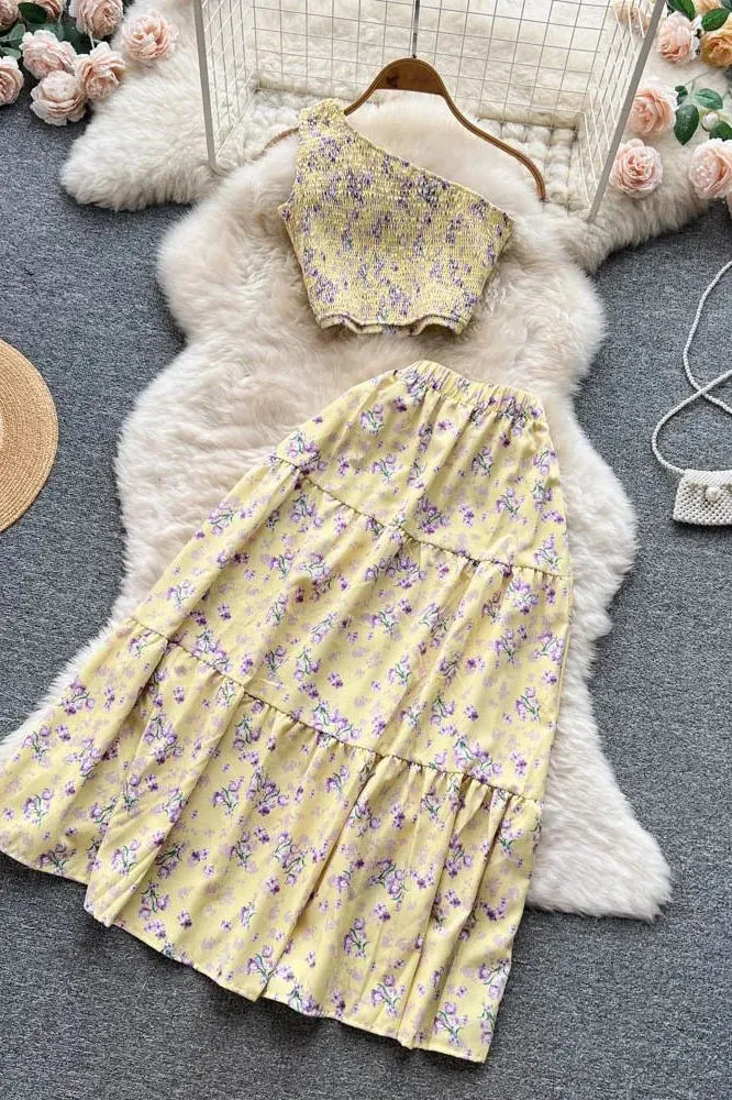Set Floral Print Crop Tops   High Waist A-line Long Skirts Beach Ladies Two Piece Set