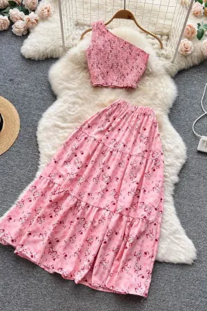 Set Floral Print Crop Tops   High Waist A-line Long Skirts Beach Ladies Two Piece Set