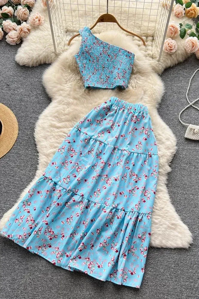 Set Floral Print Crop Tops   High Waist A-line Long Skirts Beach Ladies Two Piece Set