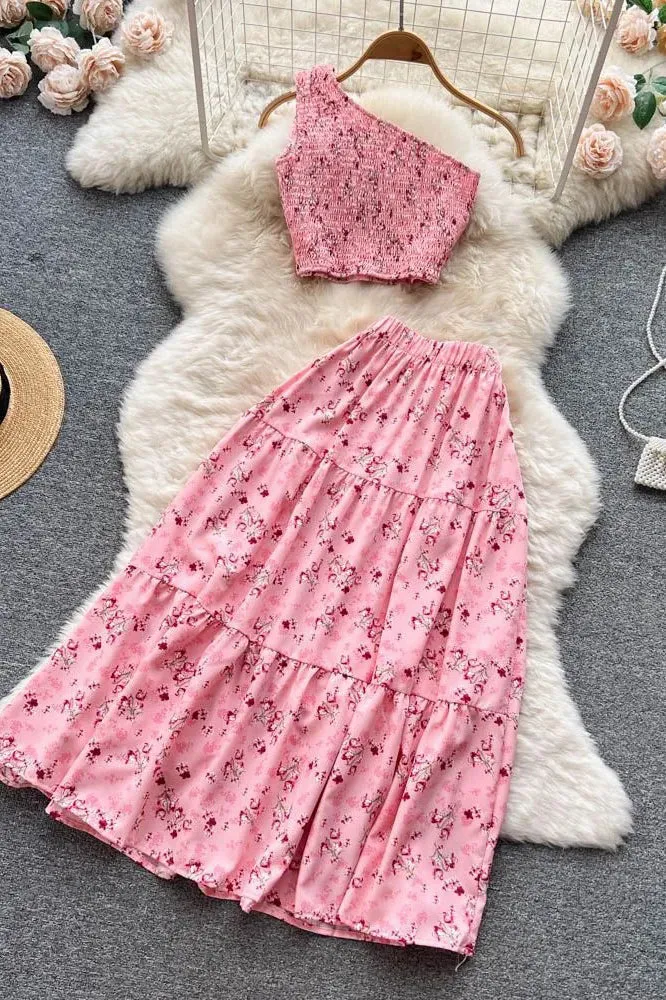 Set Floral Print Crop Tops   High Waist A-line Long Skirts Beach Ladies Two Piece Set