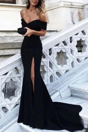 Sexy Black Off the Shoulder Split Mermaid Sweep Train Prom Dress Evening Dresses