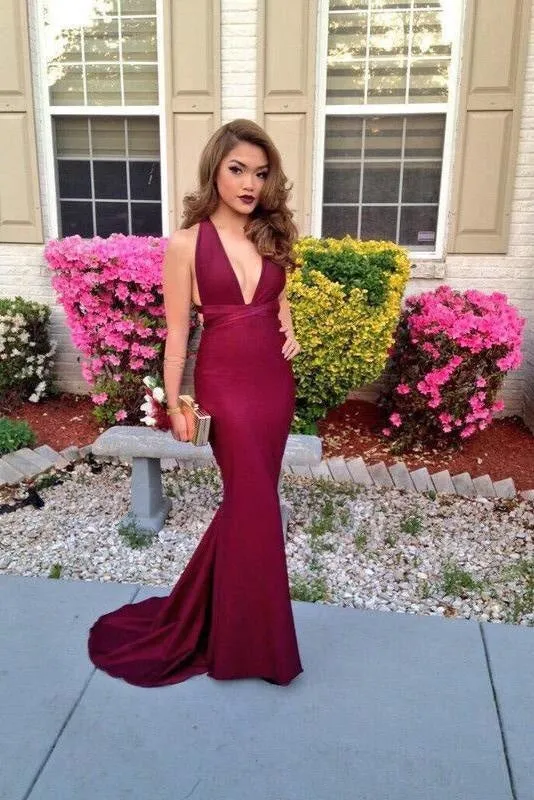 Sexy Burgundy Mermaid Deep V-neck Sleeveless Criss-Cross Straps Prom Dresses