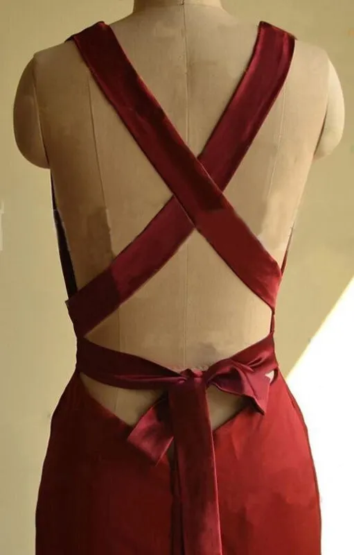 Sexy Burgundy Mermaid Deep V-neck Sleeveless Criss-Cross Straps Prom Dresses