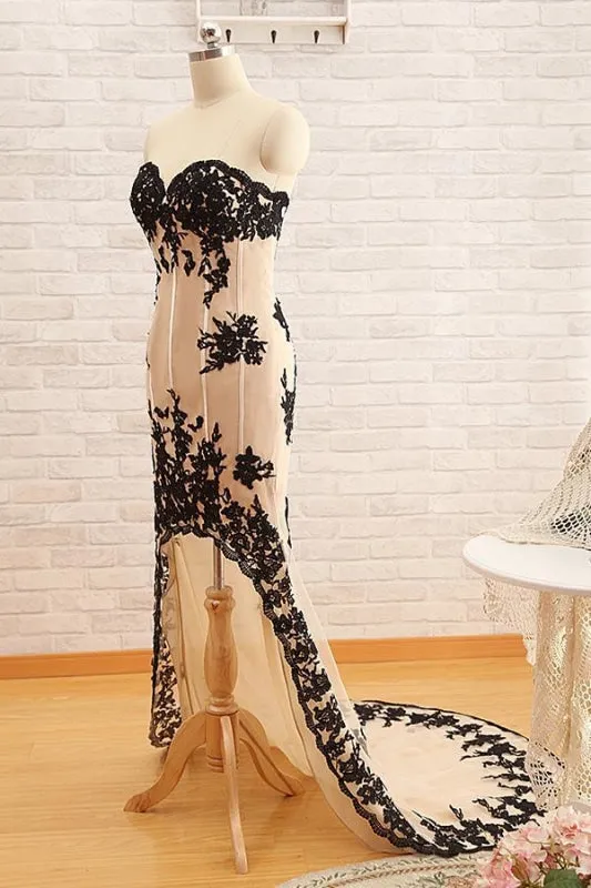 Sexy High Low Black Lace Champagne Prom Dress