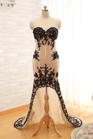 Sexy High Low Black Lace Champagne Prom Dress