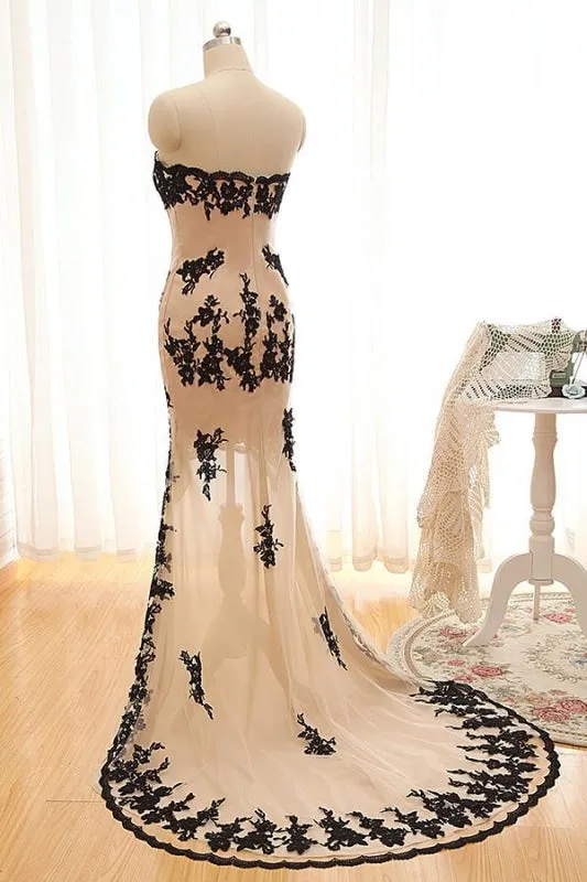 Sexy High Low Black Lace Champagne Prom Dress