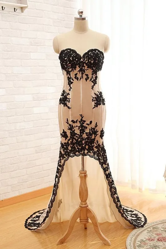 Sexy High Low Black Lace Champagne Prom Dress