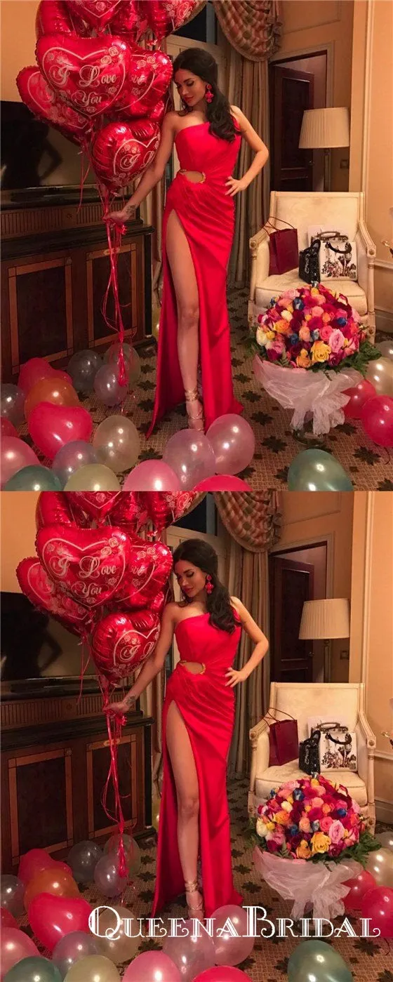 Sexy Sheath Hollow out Red One Shoulder Ruffled Long Prom Dresses, QB0581