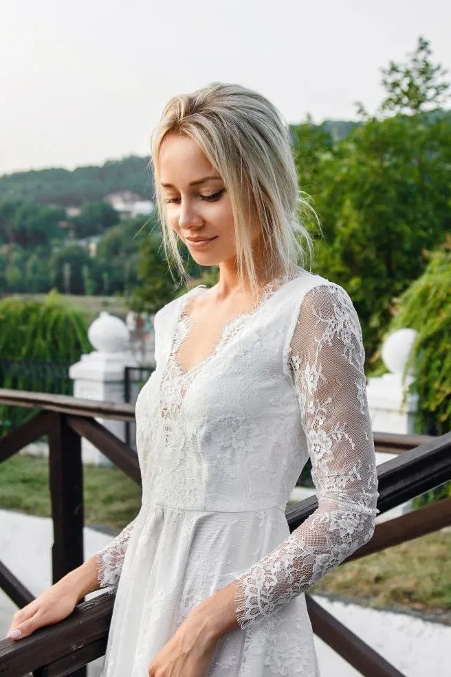 Sexy Short Lace Long Sleeve Wedding Dress With Deep V-Neck-715692
