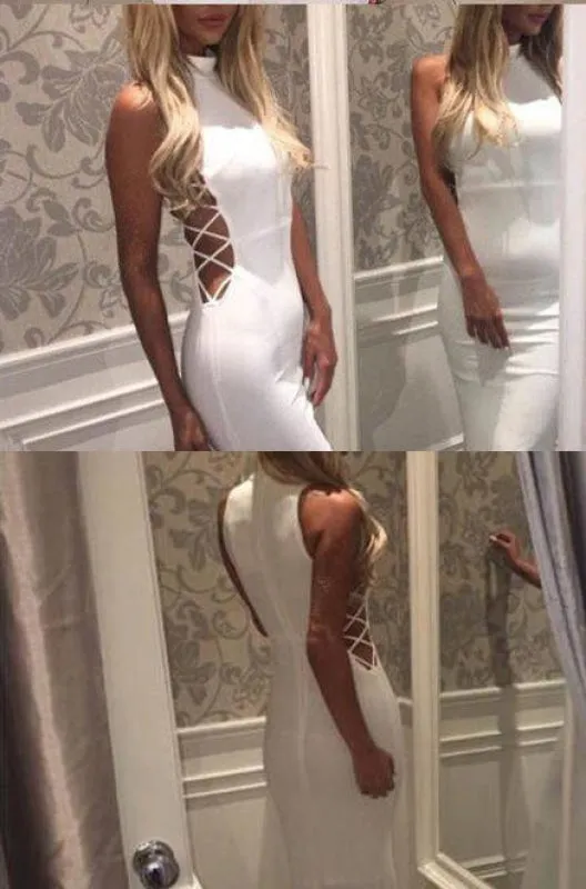 Sexy White Mermaid High Neck Sleeveless Long Prom Dresses