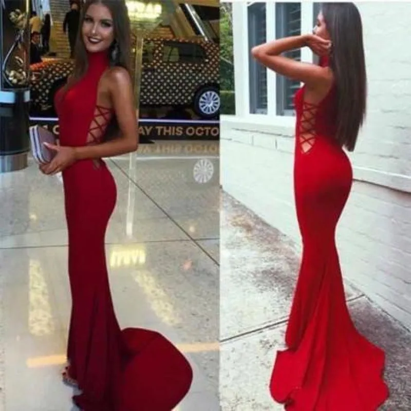 Sexy White Mermaid High Neck Sleeveless Long Prom Dresses