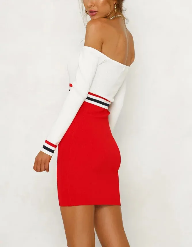 Sexy Word Collar Off-shoulder Long-sleeved Slim Bag Hip Color Dress
