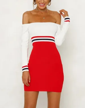 Sexy Word Collar Off-shoulder Long-sleeved Slim Bag Hip Color Dress