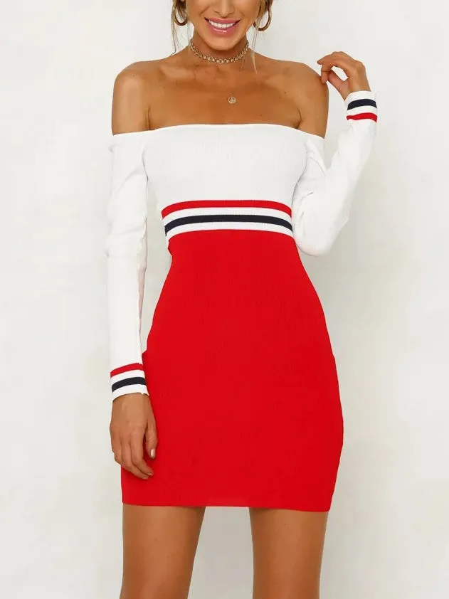 Sexy Word Collar Off-shoulder Long-sleeved Slim Bag Hip Color Dress