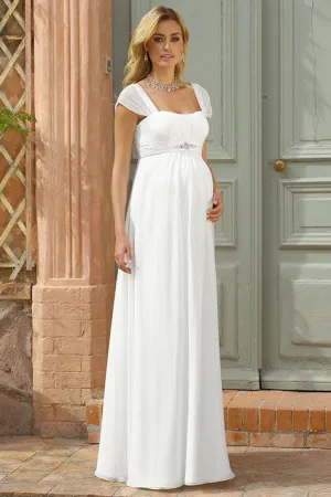 Sheath Cap Sleeve Empire Square Neck Jeweled Chiffon Wedding Dress-MK_702686