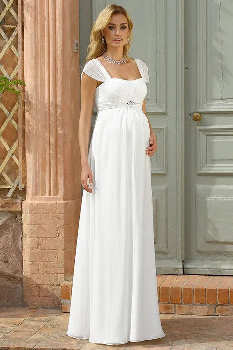 Sheath Cap Sleeve Empire Square Neck Jeweled Chiffon Wedding Dress-MK_702686