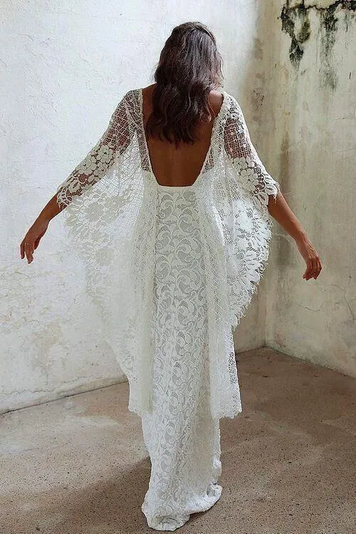Sheath Half Sleeves Full Lace Backless Wedding Dresses With Split, WD0313