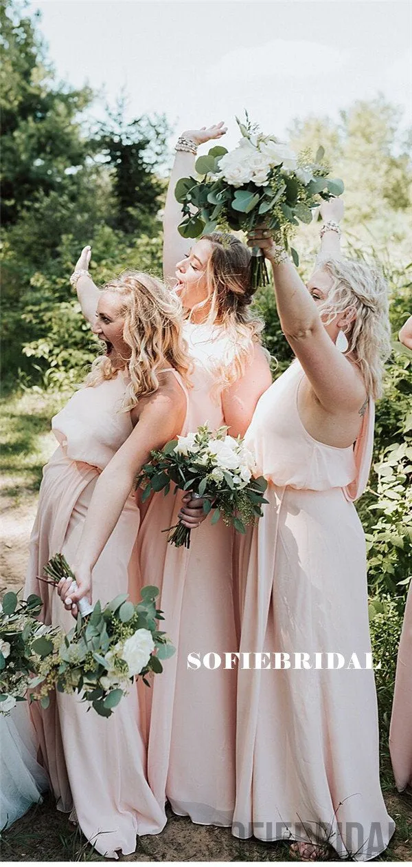 Sheath Halter Sleeveless Pink Chiffon Bridesmaid Dresses With Split, BD1083