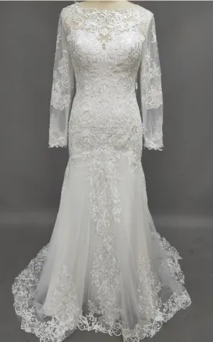 Sheath Long-Sleeve High Neck Tulle&Lace Wedding Dress With Sweep Train-zMK_703212
