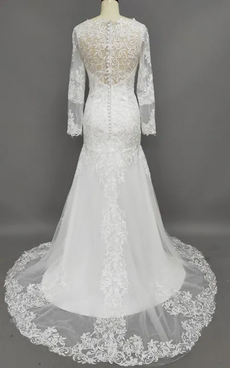 Sheath Long-Sleeve High Neck Tulle&Lace Wedding Dress With Sweep Train-zMK_703212