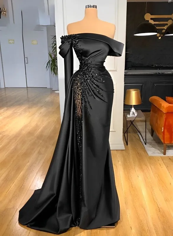 Sheath Off-The-Shoulder Long Sleeves Satin/Sequined Wedding Dresses