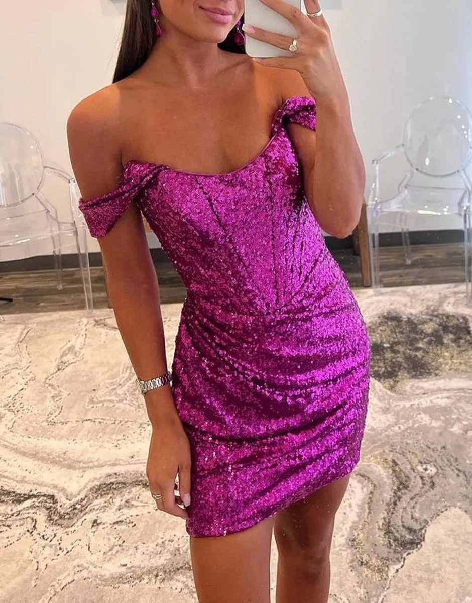 Sheath Off the Shoulder Sequin Homecoming Dresses