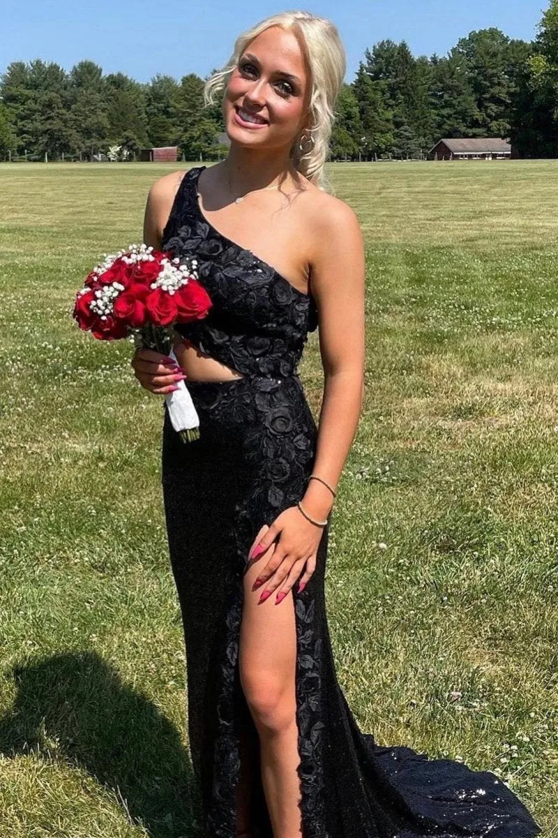 Sheath One Shoulder Sequins Prom Dresses with 3D Appliques