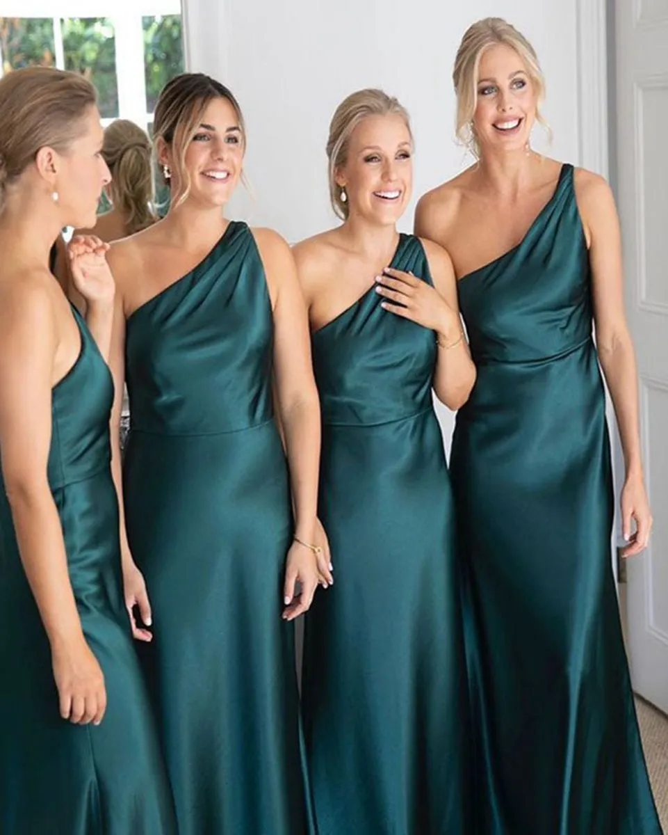 Sheath One Shoulder Silk Satin Sleeveless Long Bridesmaid Dresses