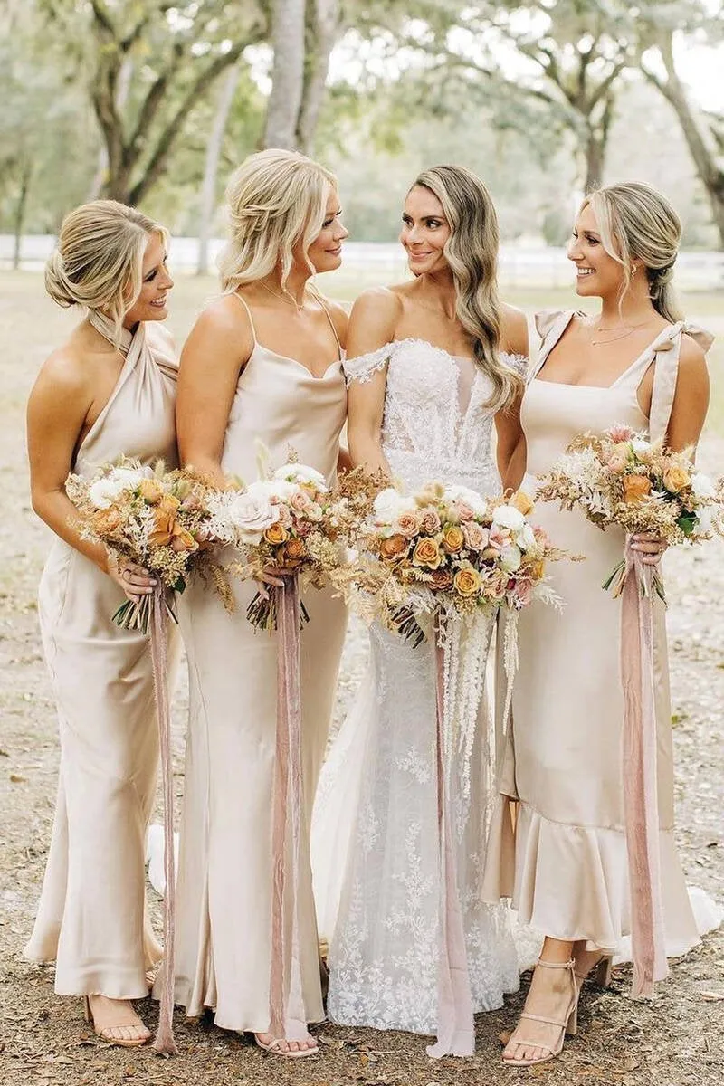 Sheath Satin Long Mismatch Bridesmaid Dresses