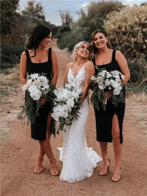 Sheath Scoop Neck Sleeveless Short Bridesmaid Dresses With Slit, BD1120