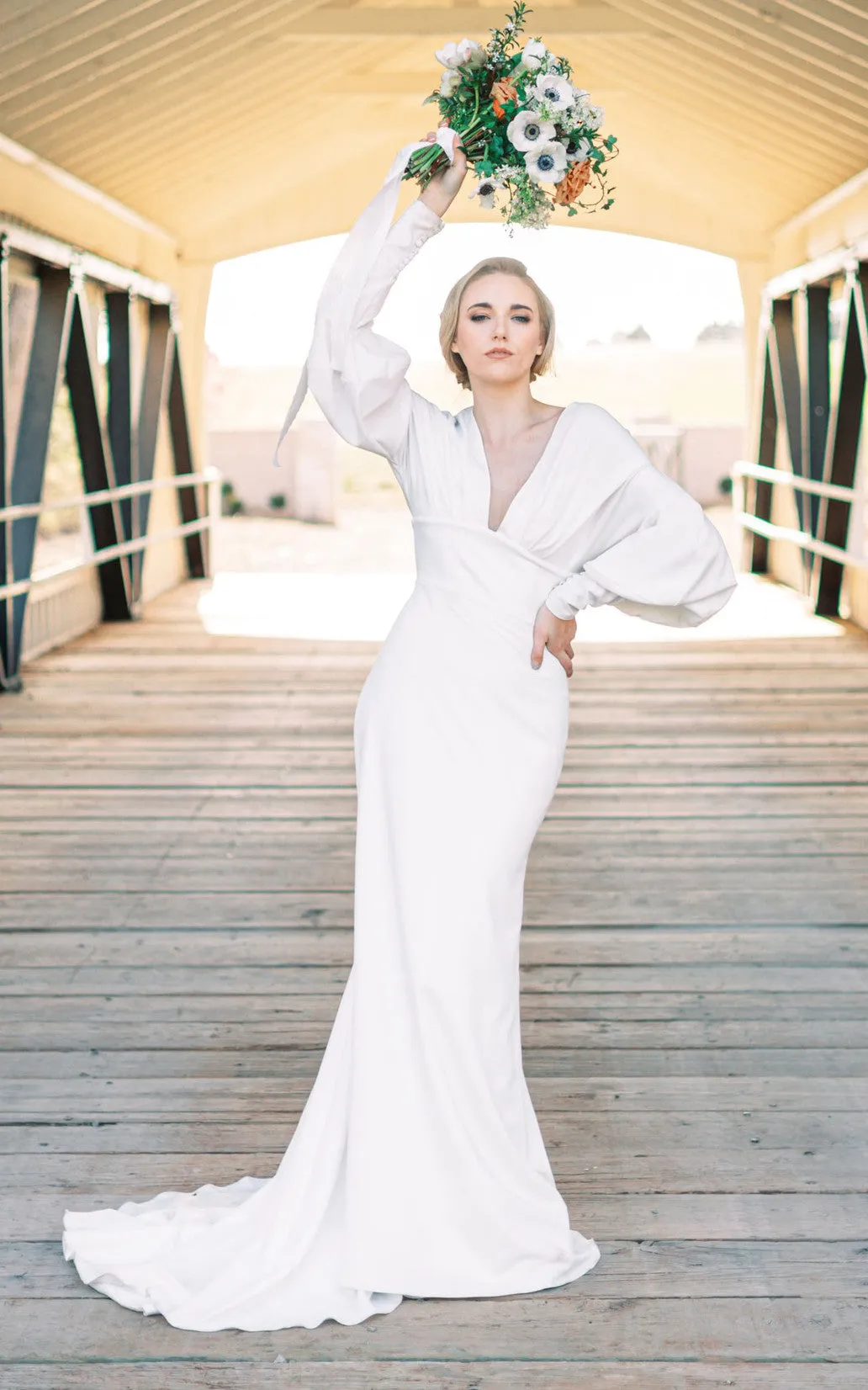 Sheath V-neck Satin Modest Wedding Dress Empire With Poet Sleeve-716573