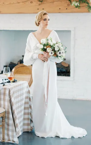 Sheath V-neck Satin Modest Wedding Dress Empire With Poet Sleeve-716573