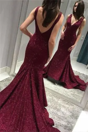 Shiny Deep V Neck Mermaid Evening Dress Sequins Backless Sweep Train Prom Dresses