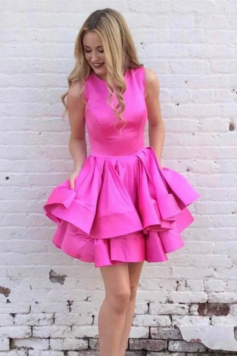 Short Hot Pink Homecoming Dresses for Sale Sleeveless Tiered Skirt