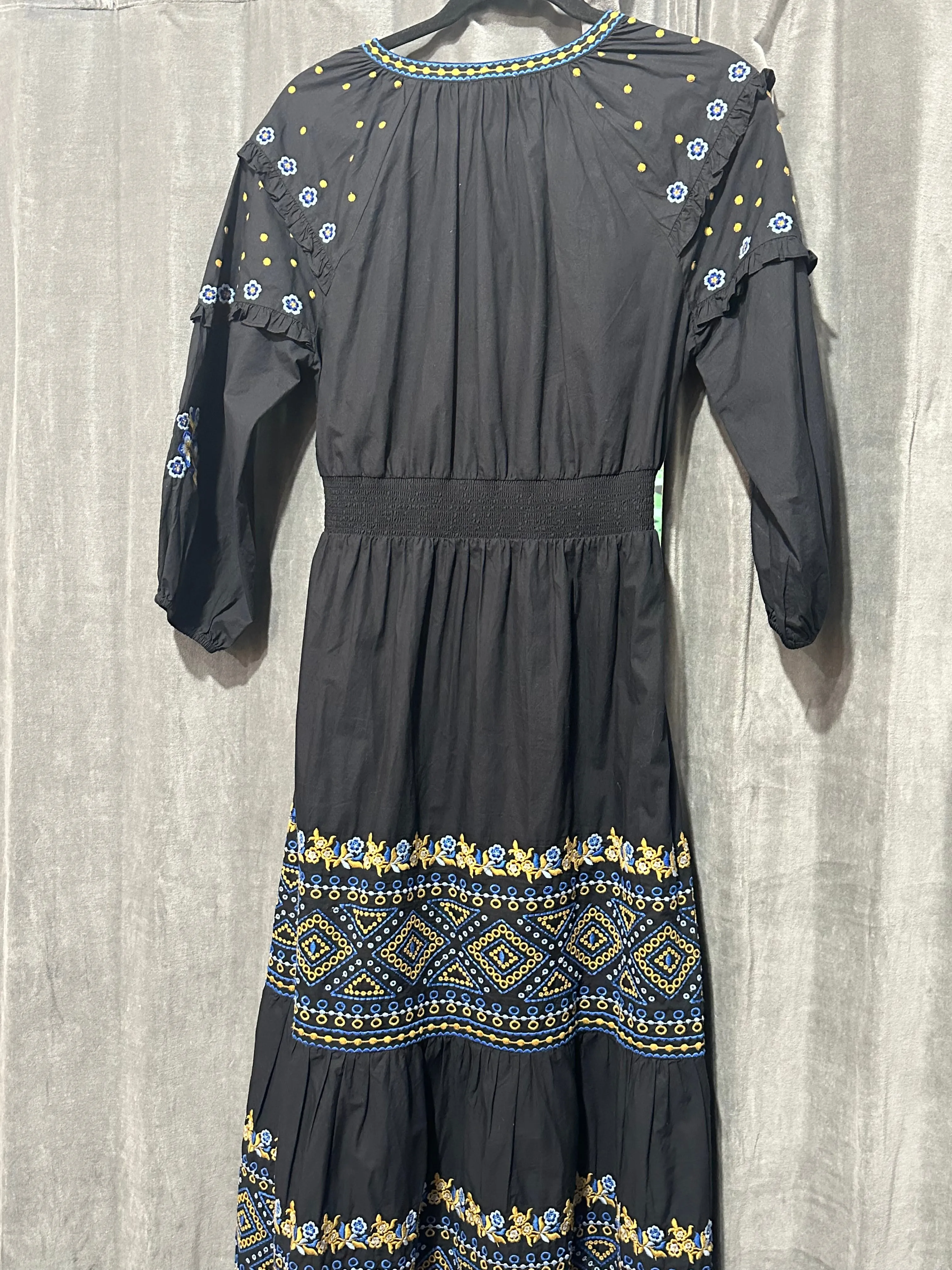 Shoshanna Black Long Sleeve Cotton V Slit Maxi Dress with Blue and Gold Embroidery