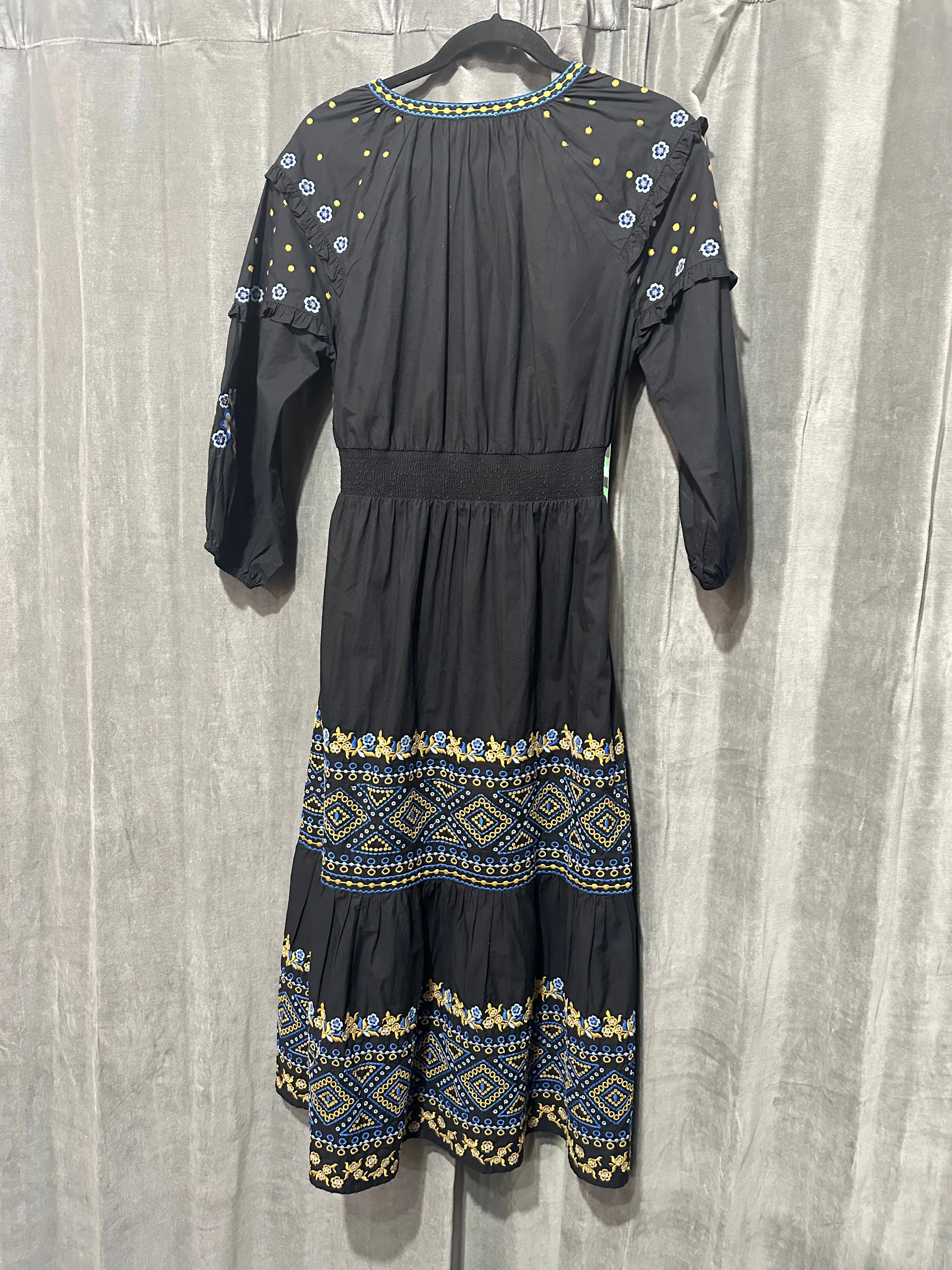 Shoshanna Black Long Sleeve Cotton V Slit Maxi Dress with Blue and Gold Embroidery