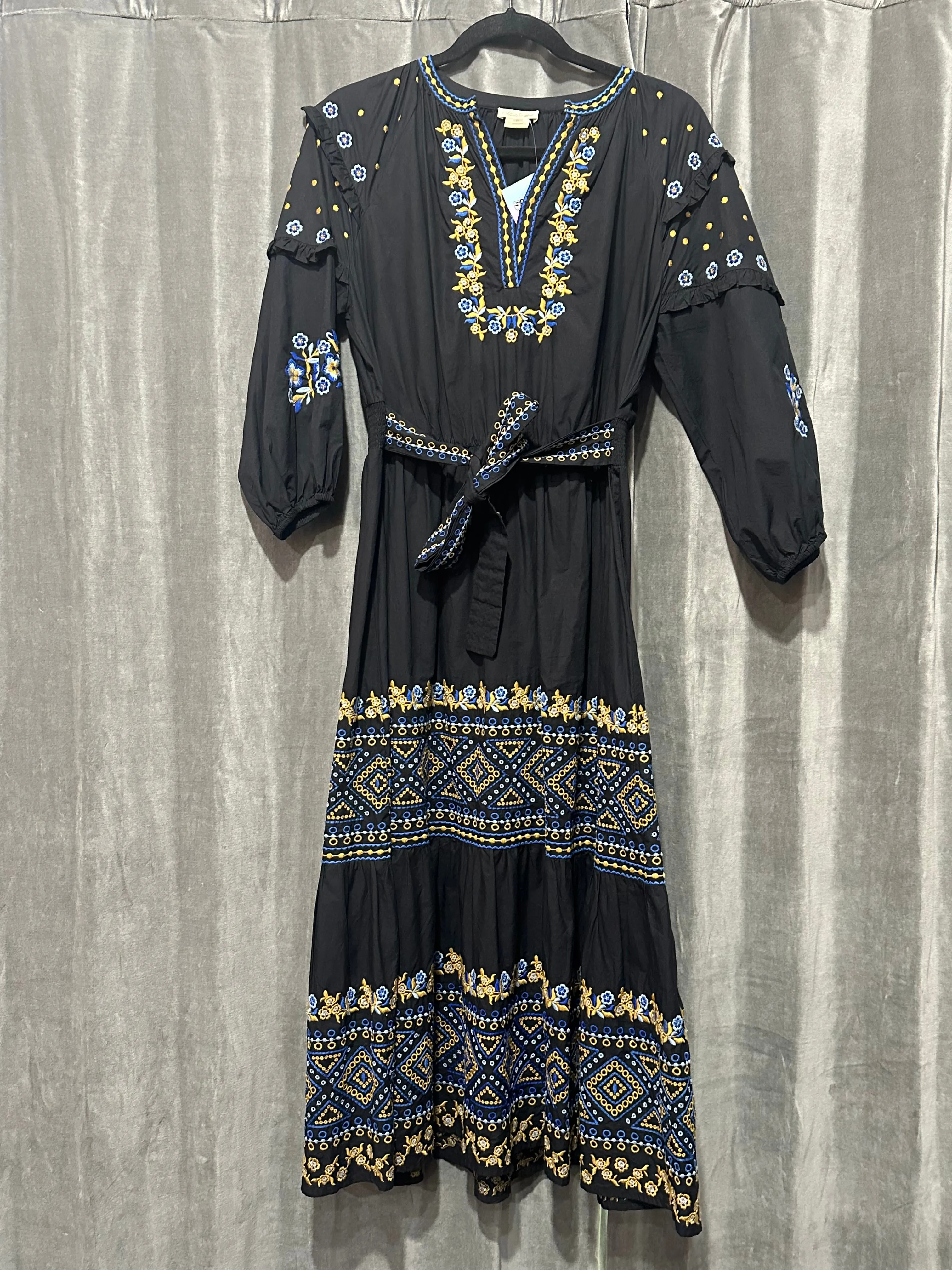 Shoshanna Black Long Sleeve Cotton V Slit Maxi Dress with Blue and Gold Embroidery