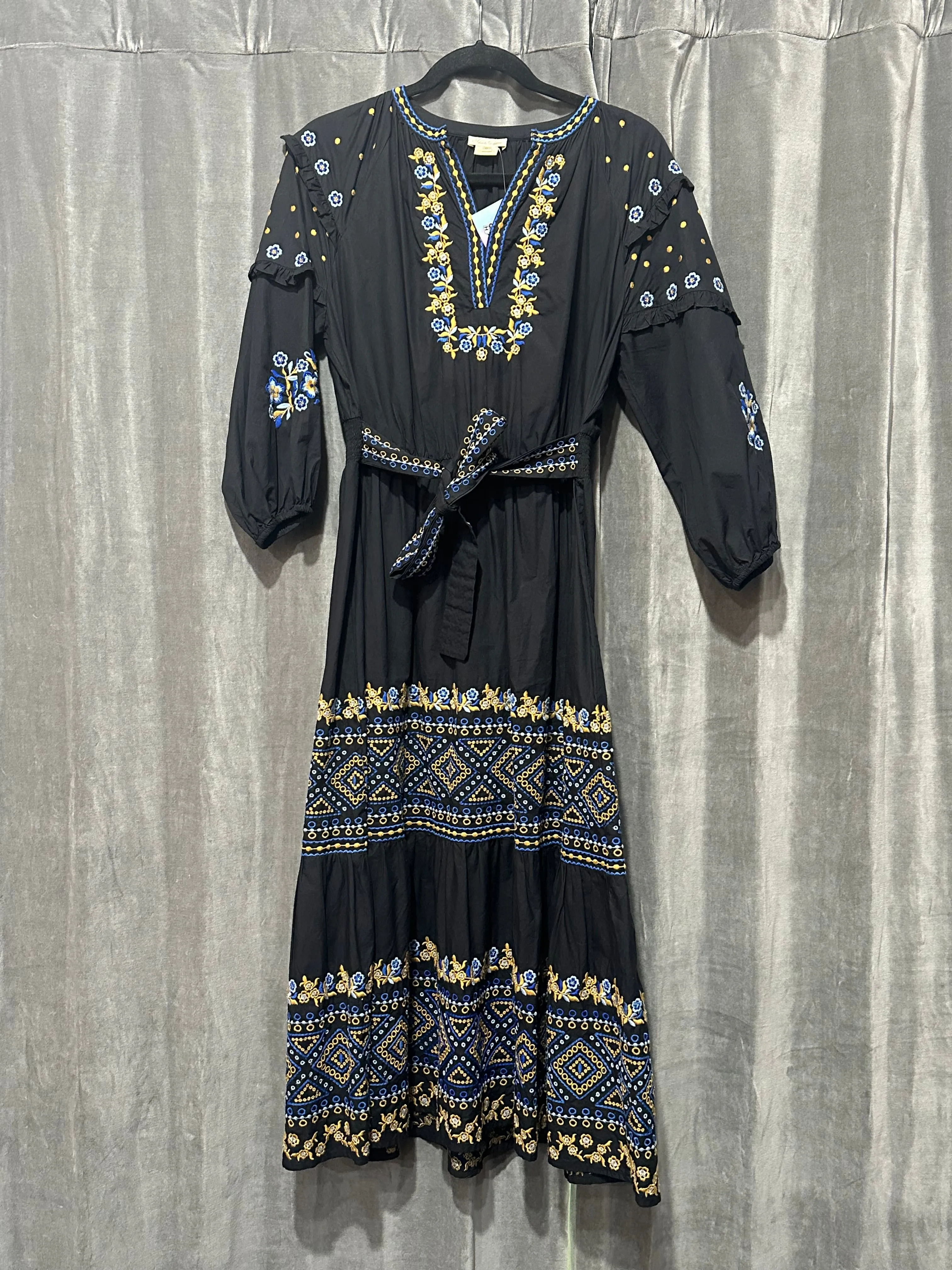 Shoshanna Black Long Sleeve Cotton V Slit Maxi Dress with Blue and Gold Embroidery