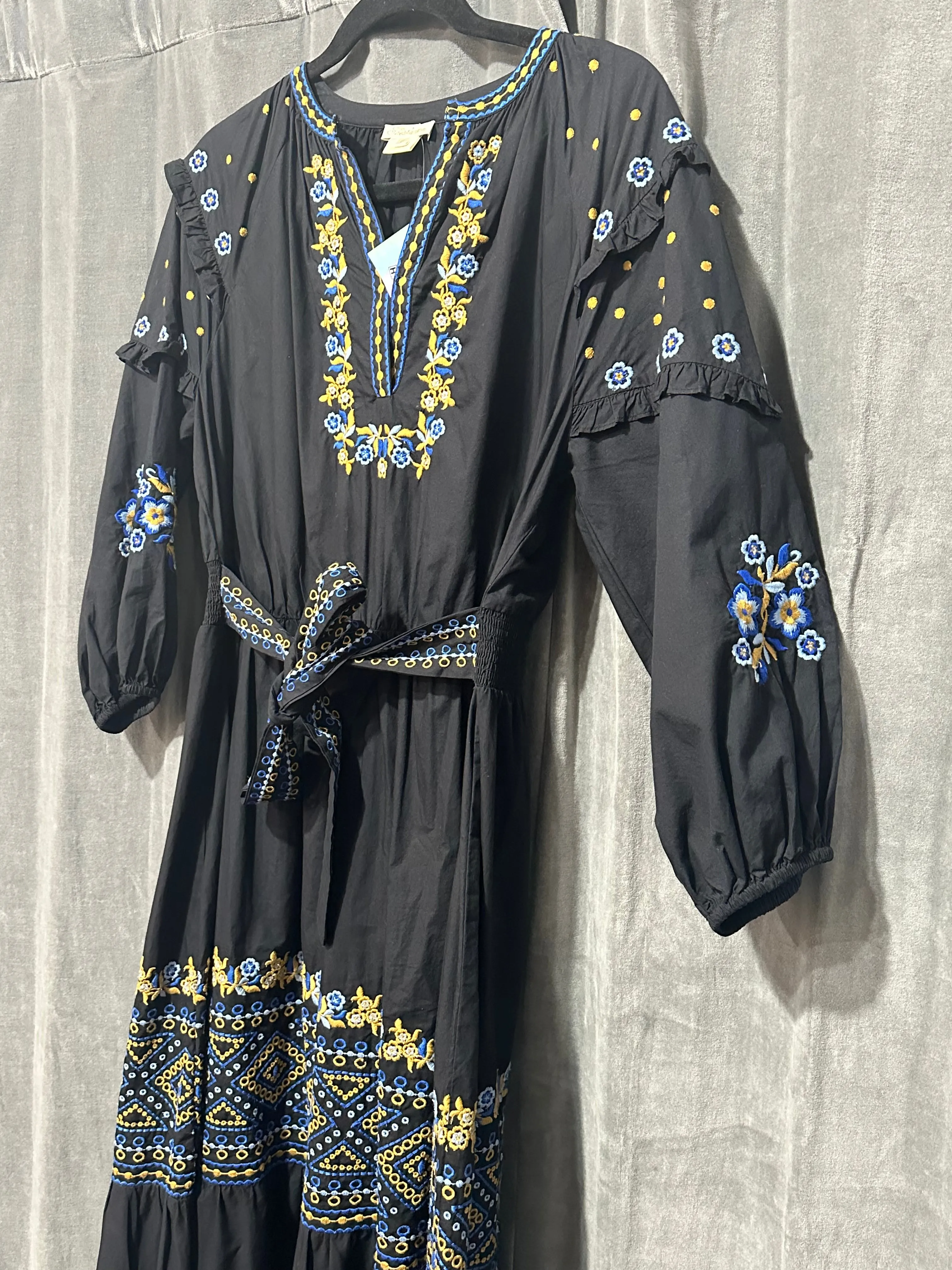 Shoshanna Black Long Sleeve Cotton V Slit Maxi Dress with Blue and Gold Embroidery