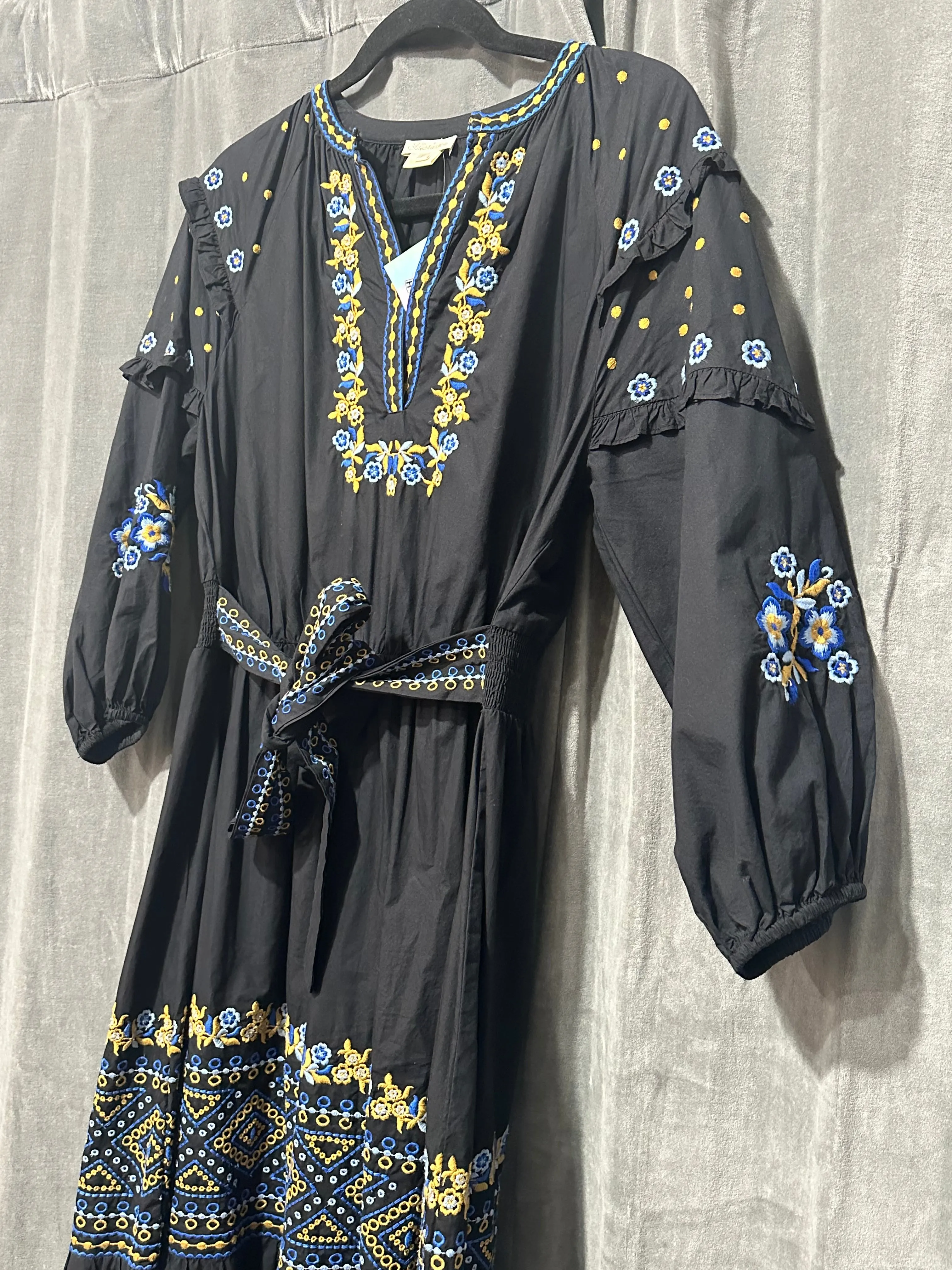 Shoshanna Black Long Sleeve Cotton V Slit Maxi Dress with Blue and Gold Embroidery