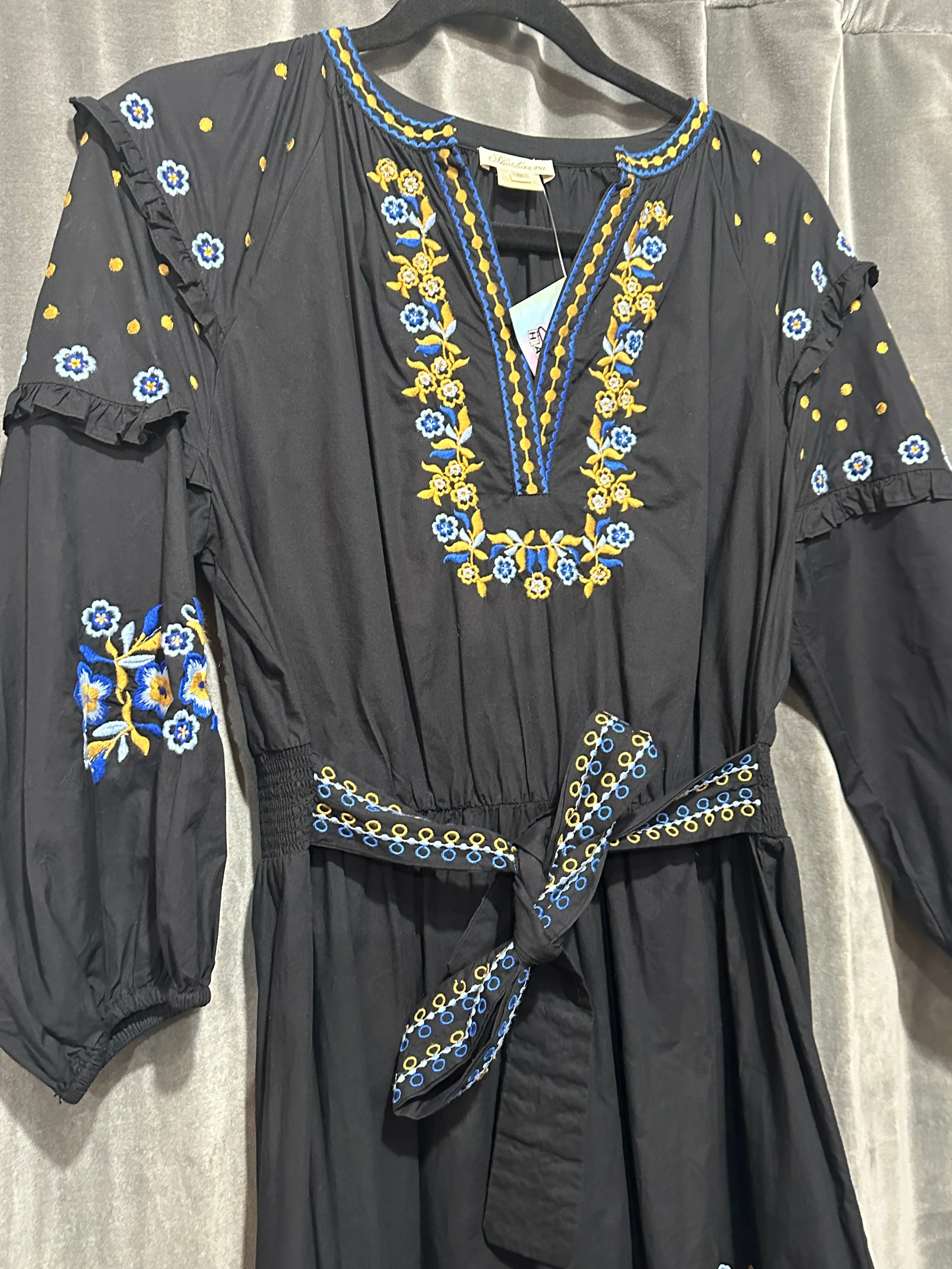 Shoshanna Black Long Sleeve Cotton V Slit Maxi Dress with Blue and Gold Embroidery