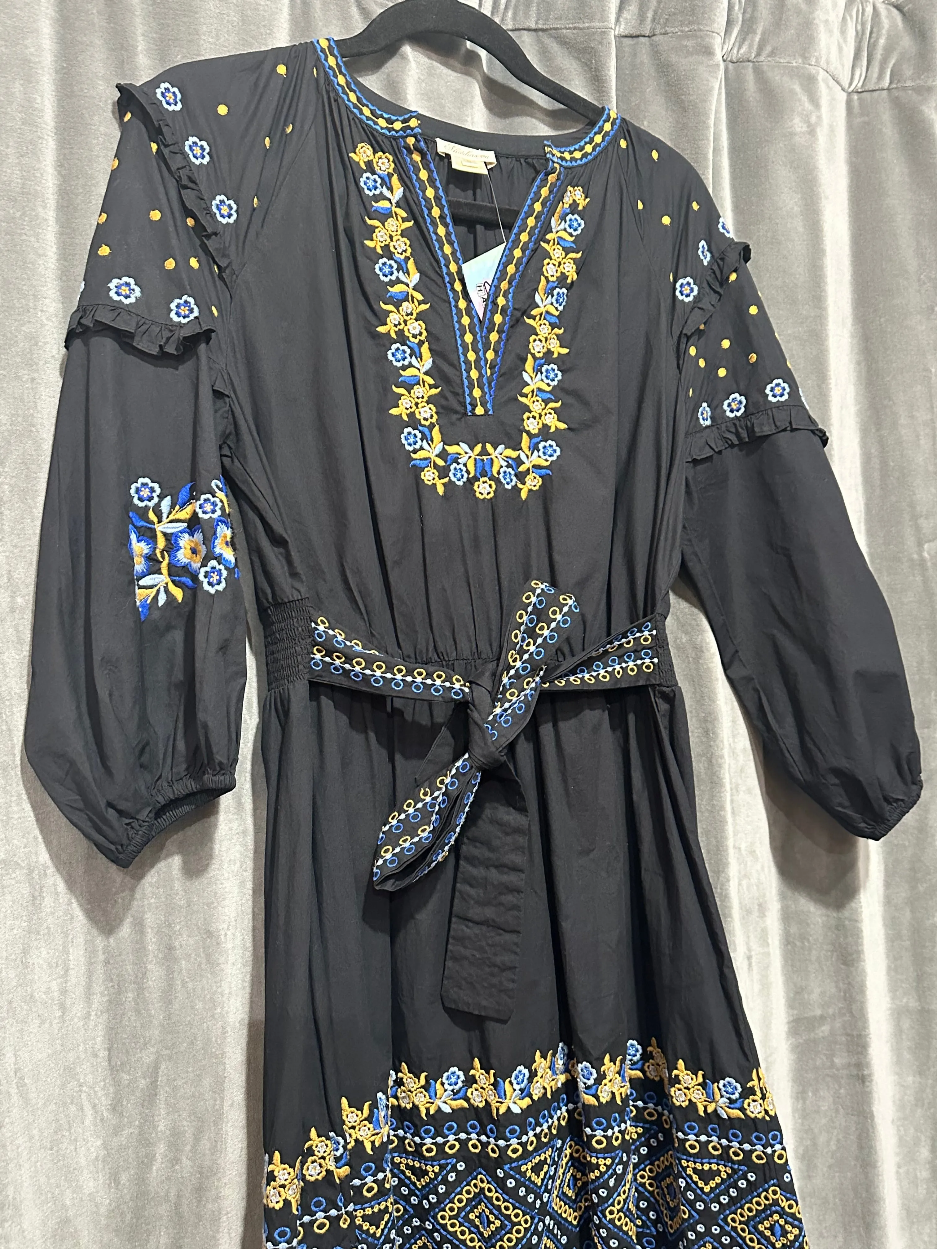 Shoshanna Black Long Sleeve Cotton V Slit Maxi Dress with Blue and Gold Embroidery