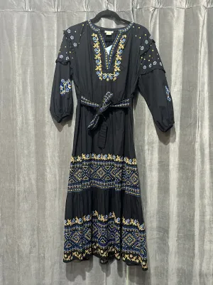 Shoshanna Black Long Sleeve Cotton V Slit Maxi Dress with Blue and Gold Embroidery