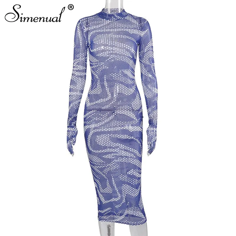 Simenual Mesh Sehen Durch Sexy Hot Maxi Kleid Frauen Lange Hülse mit Handschuhe Party Clubwear Print 2020 Aushöhlen Bodycon kleider