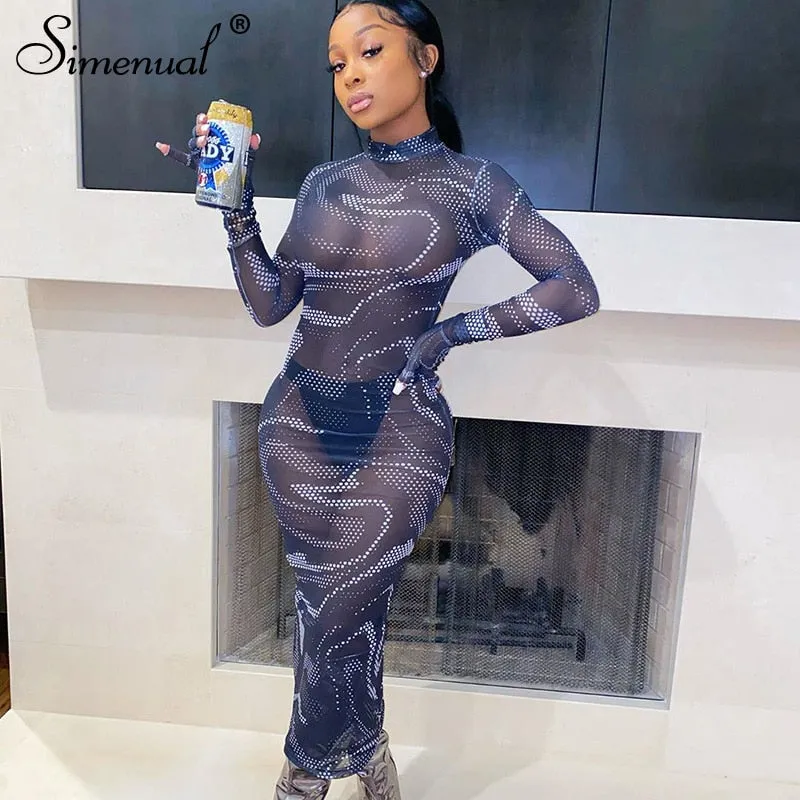 Simenual Mesh Sehen Durch Sexy Hot Maxi Kleid Frauen Lange Hülse mit Handschuhe Party Clubwear Print 2020 Aushöhlen Bodycon kleider