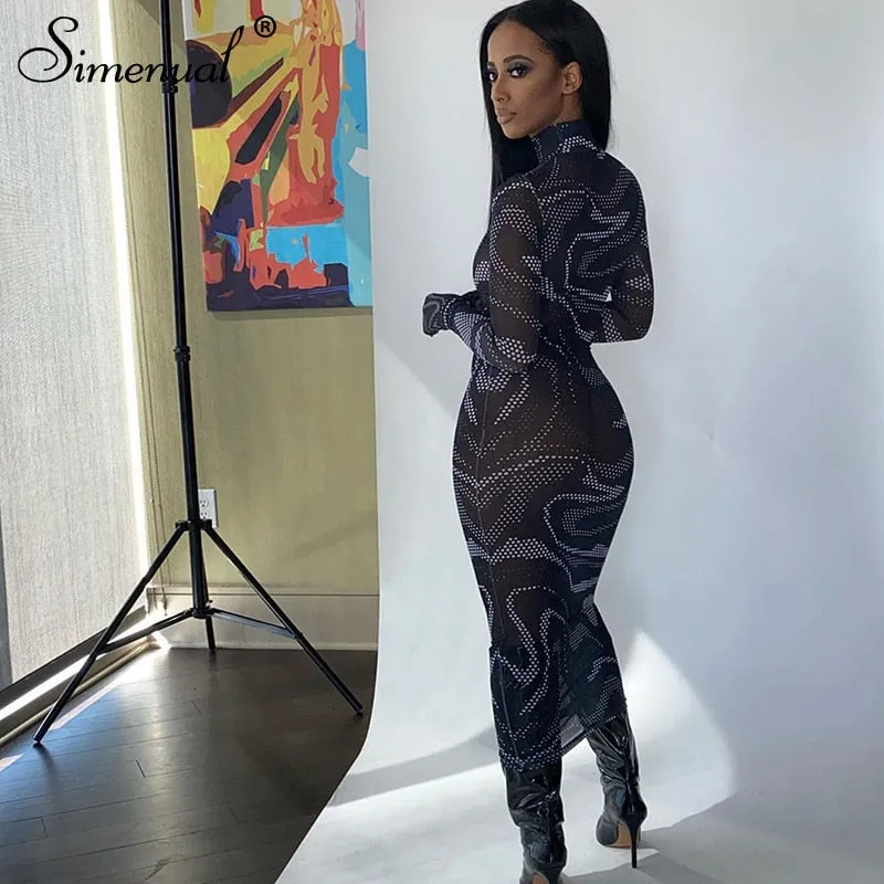 Simenual Mesh Sehen Durch Sexy Hot Maxi Kleid Frauen Lange Hülse mit Handschuhe Party Clubwear Print 2020 Aushöhlen Bodycon kleider