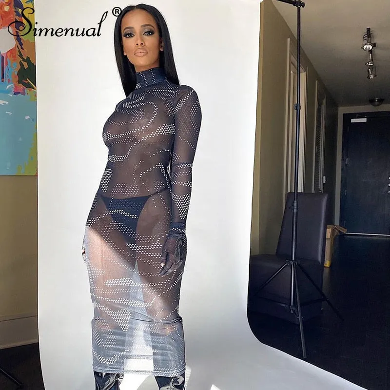 Simenual Mesh Sehen Durch Sexy Hot Maxi Kleid Frauen Lange Hülse mit Handschuhe Party Clubwear Print 2020 Aushöhlen Bodycon kleider