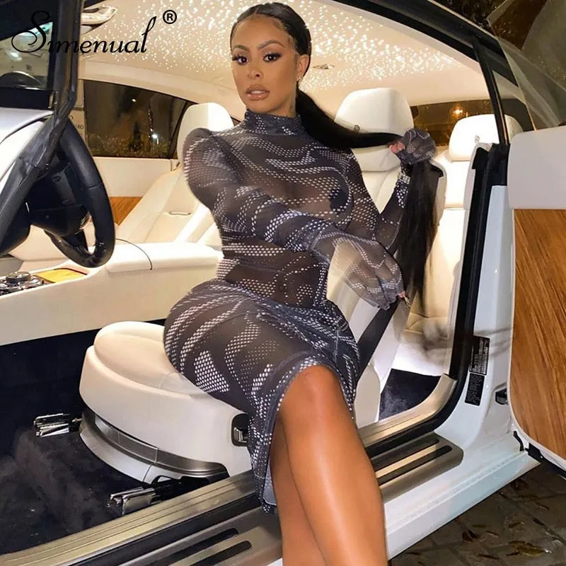 Simenual Mesh Sehen Durch Sexy Hot Maxi Kleid Frauen Lange Hülse mit Handschuhe Party Clubwear Print 2020 Aushöhlen Bodycon kleider